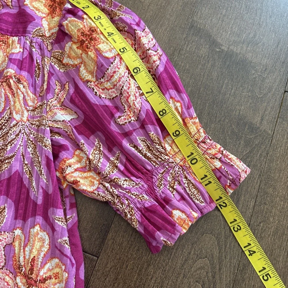 LOFT Floral Button-Front Top Womens S V-Neck Puff Sleeve Cotton